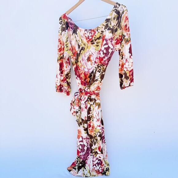 Escada Designer Floral Wrap Mid-Length Curvy Silk Dress Pink Red Belt 36 Small - Picture 10 of 12